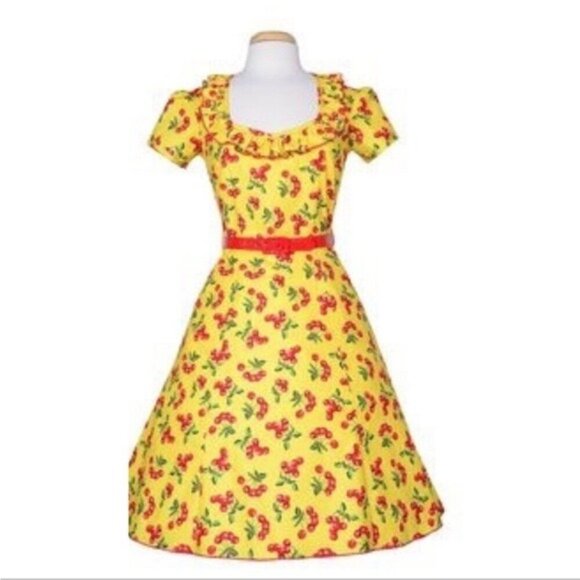 Bernie Dexter Yellow Cherry Print Dress Small - 1940s Retro Rockabilly Pin-Up - Picture 2 of 14